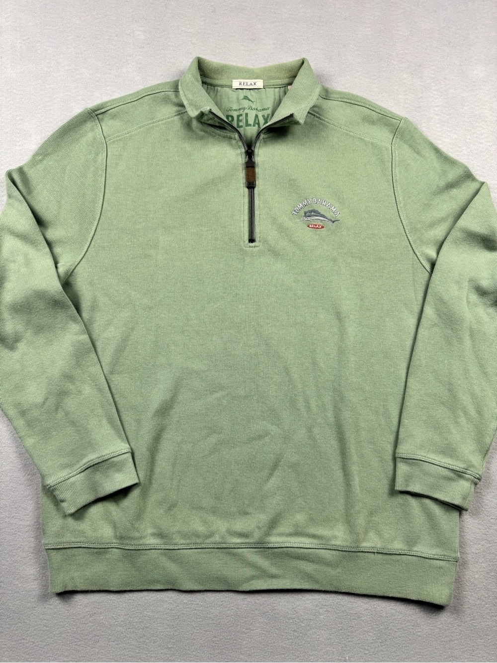 Tommy Bahama Sweatshirt Mens XL Green 1/4 Zip Mock Neck Relax Logo Cotton Camp